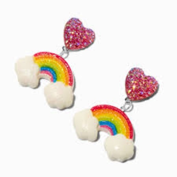 Claire’s Colourful Glitter Heart Rainbow Clouds Post Pierced Earrings - Picture 1 of 8